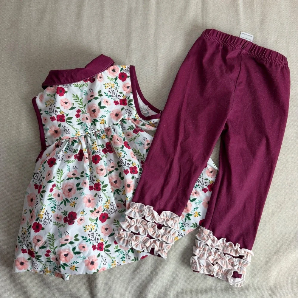 Busy Bees Smocks Girl 2T Floral Ruffle Legging Set Maroon Pink 2 Piece Set